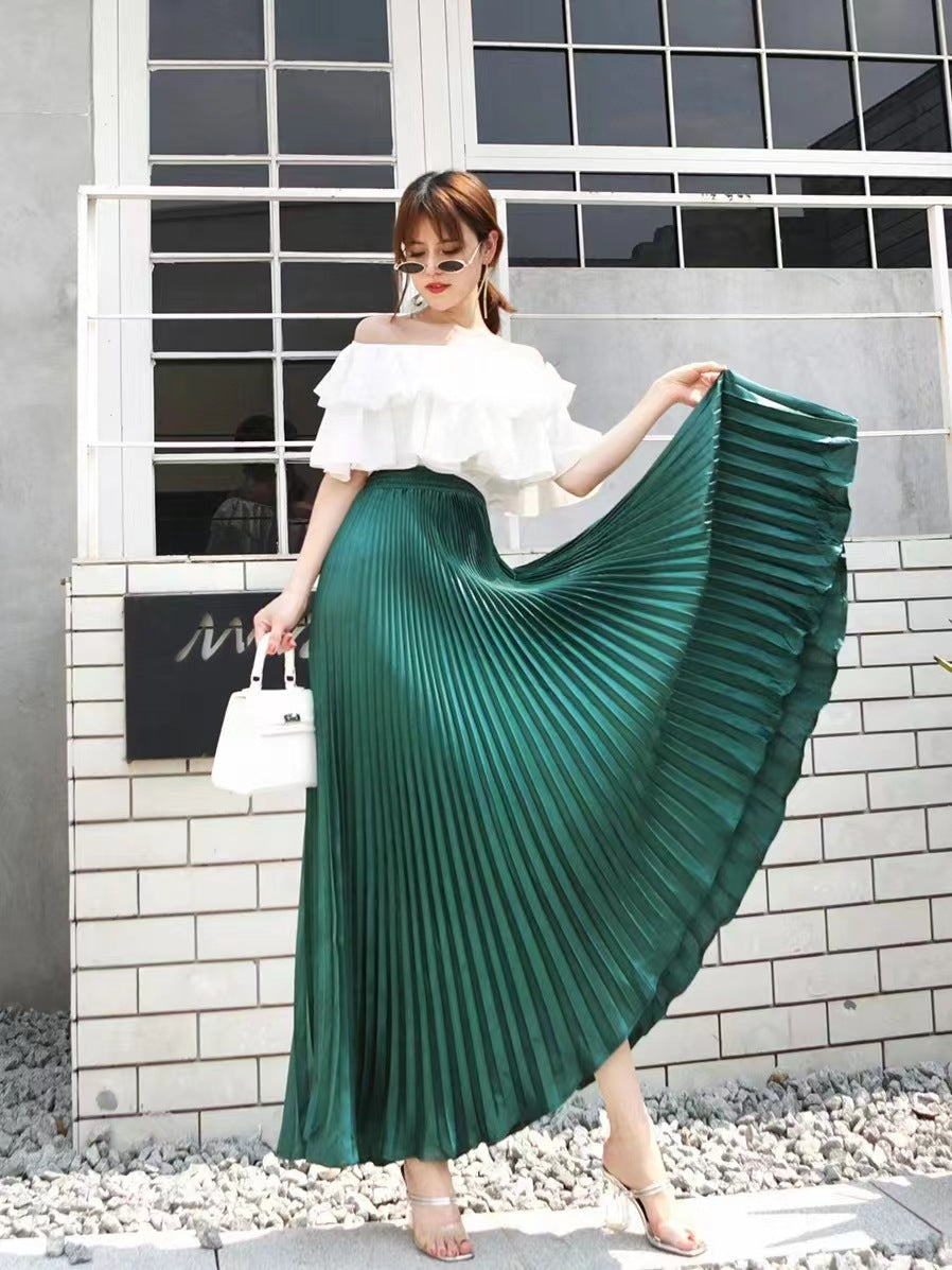 Satin Pleated Midi Skirt High Waist