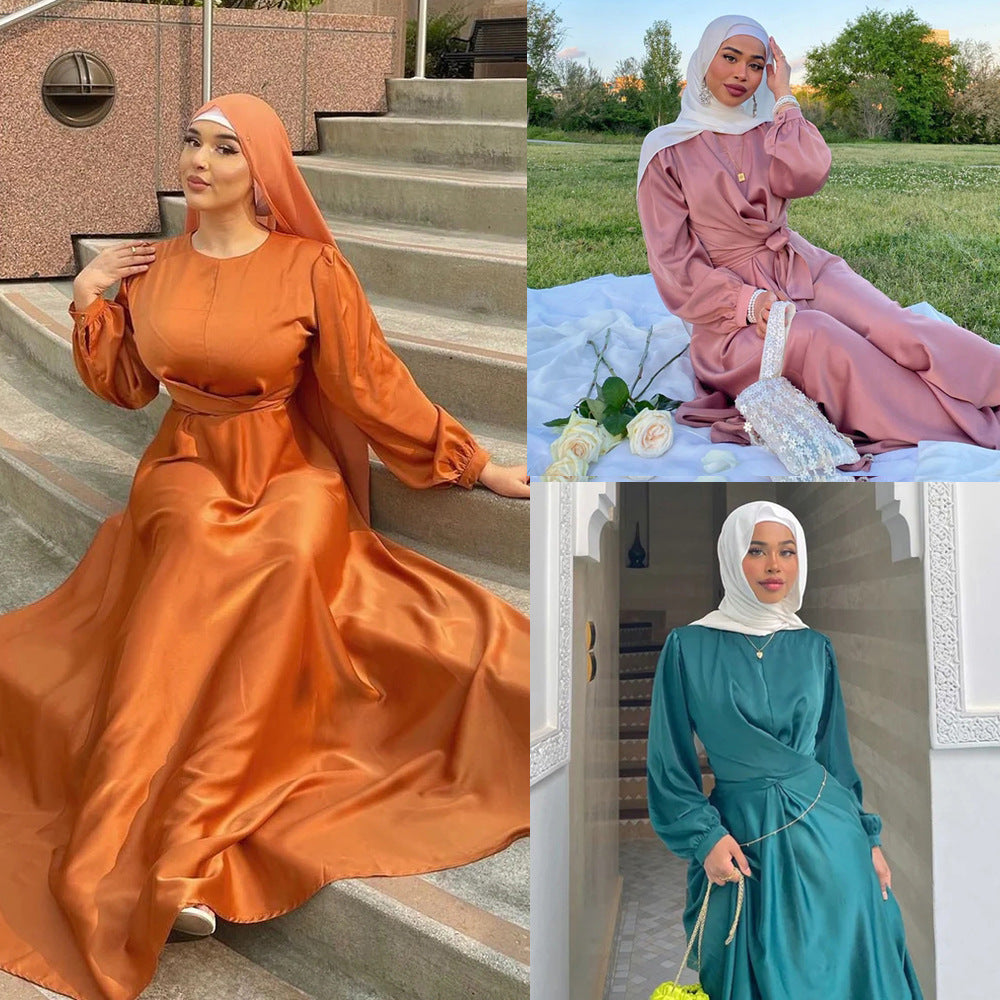 Solid-color long robe and ankle-length dress