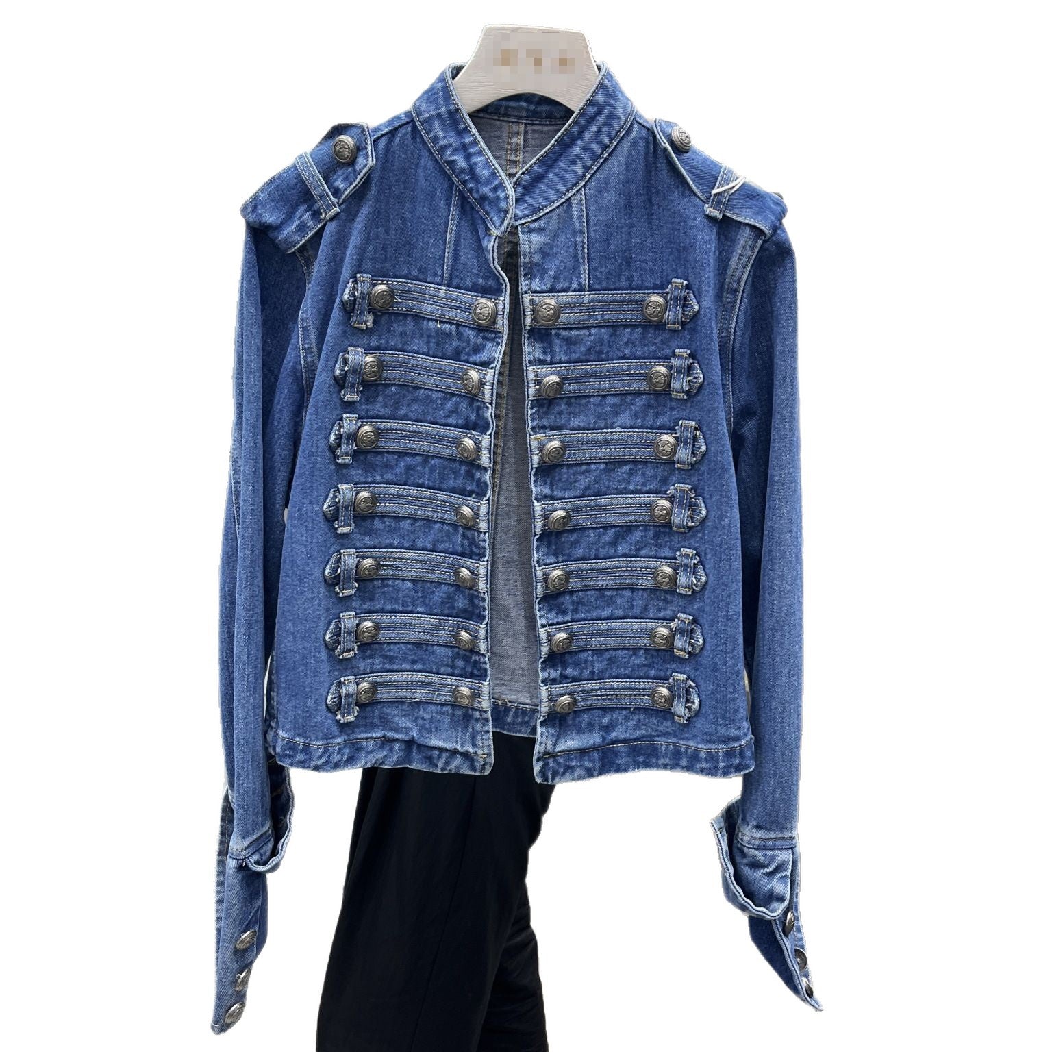 Vintage Style Denim Stand Collar Long Sleeve Coat