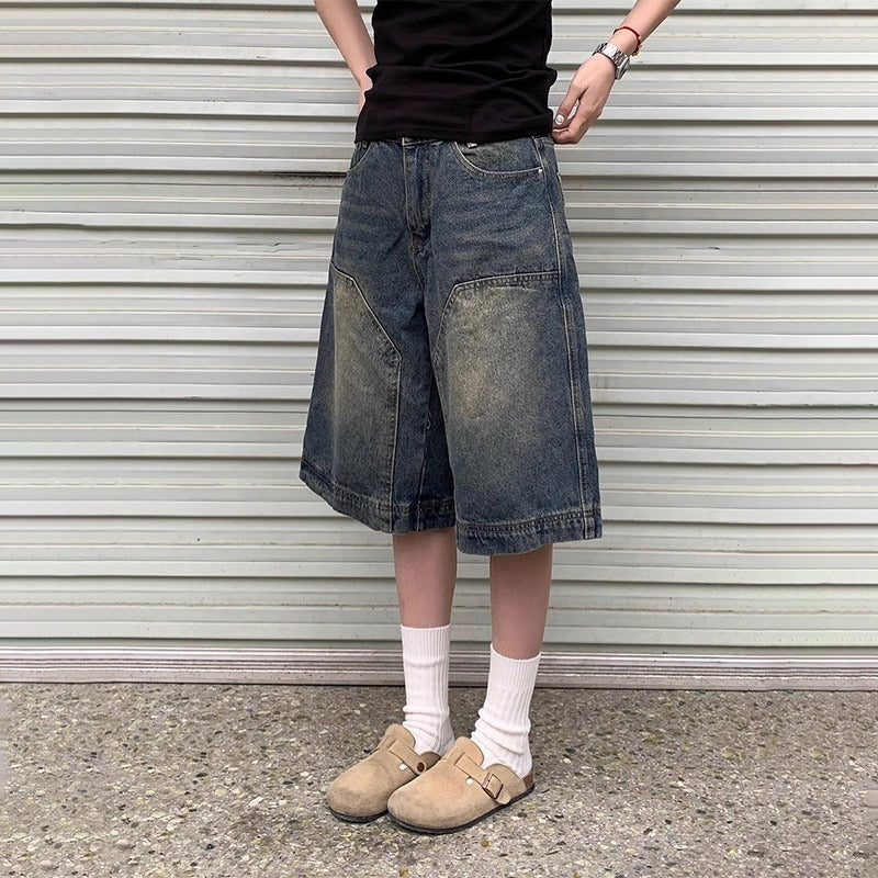 Men's Vintage Blue Washed Denim Shorts Straight Fit Casual Cropped Pants
