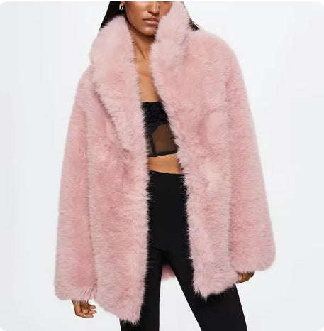 Women's Faux Fur Mid-Length Coat with Extended Collar