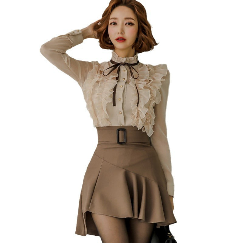 Lady-like Sheer Blouse and Ruffled Skirt Set