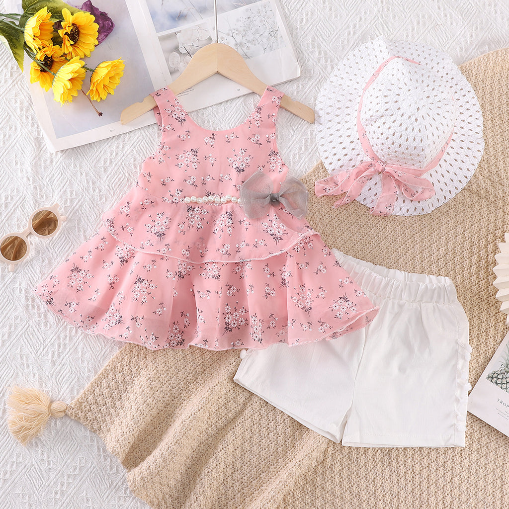 Girls' Floral Bow Pearl Chiffon Suspender Set with Hat