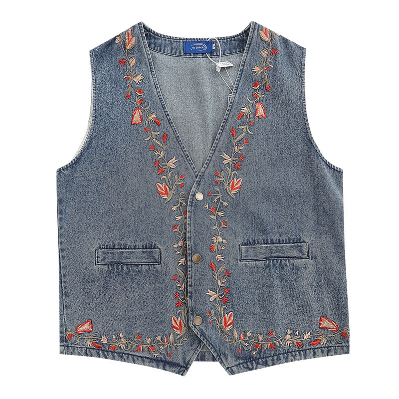 Unisex Denim Vest with Floral Embroidery