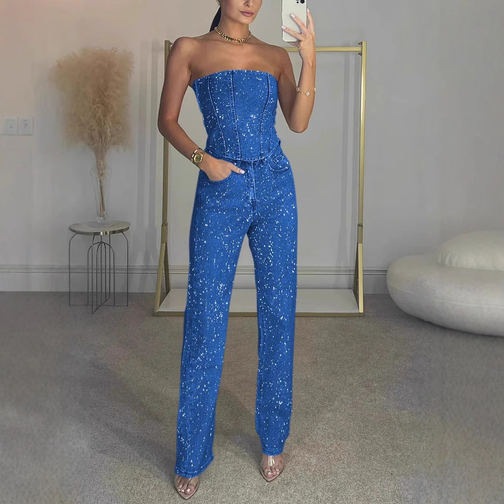Off-the-shoulder shiny vest and diamond trousers