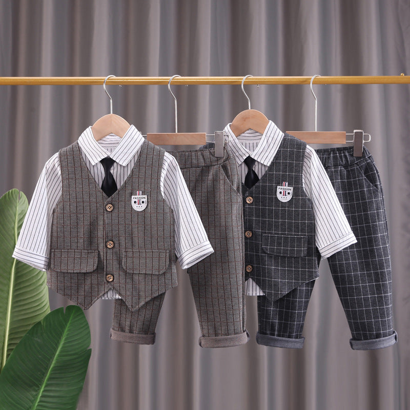 Boys' Autumn Plaid Cardigan Vest Trousers Set