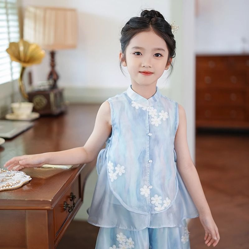 Girls' Chinese Style Sleeveless Wide-Leg Pants Two-Piece Outfit