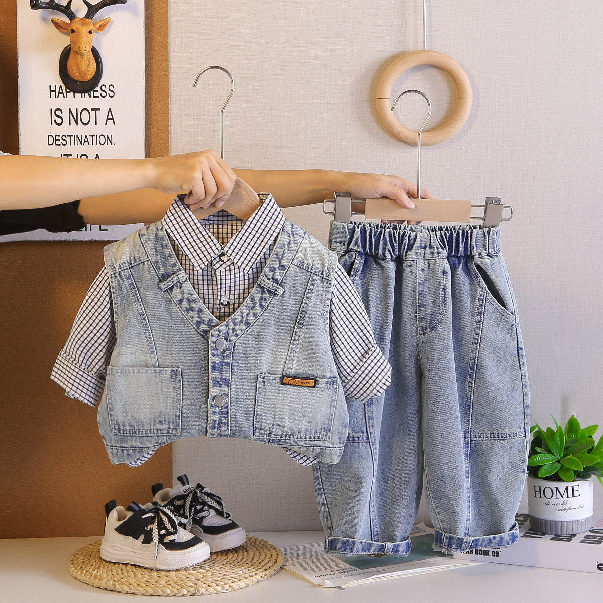 Boys' Plaid Shirt Denim Vest Three-Piece Set