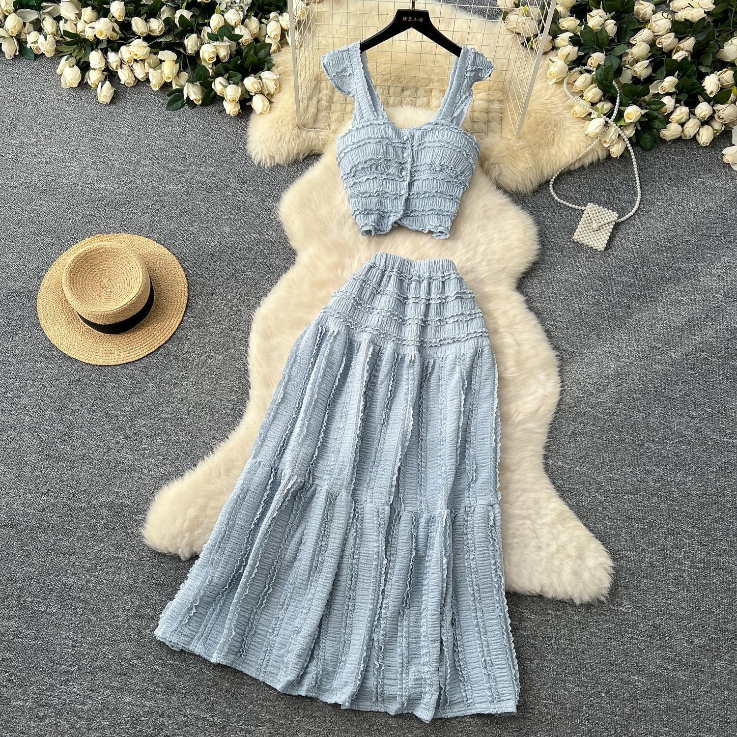Women's Short Halter Top and Pleated Skirt Set