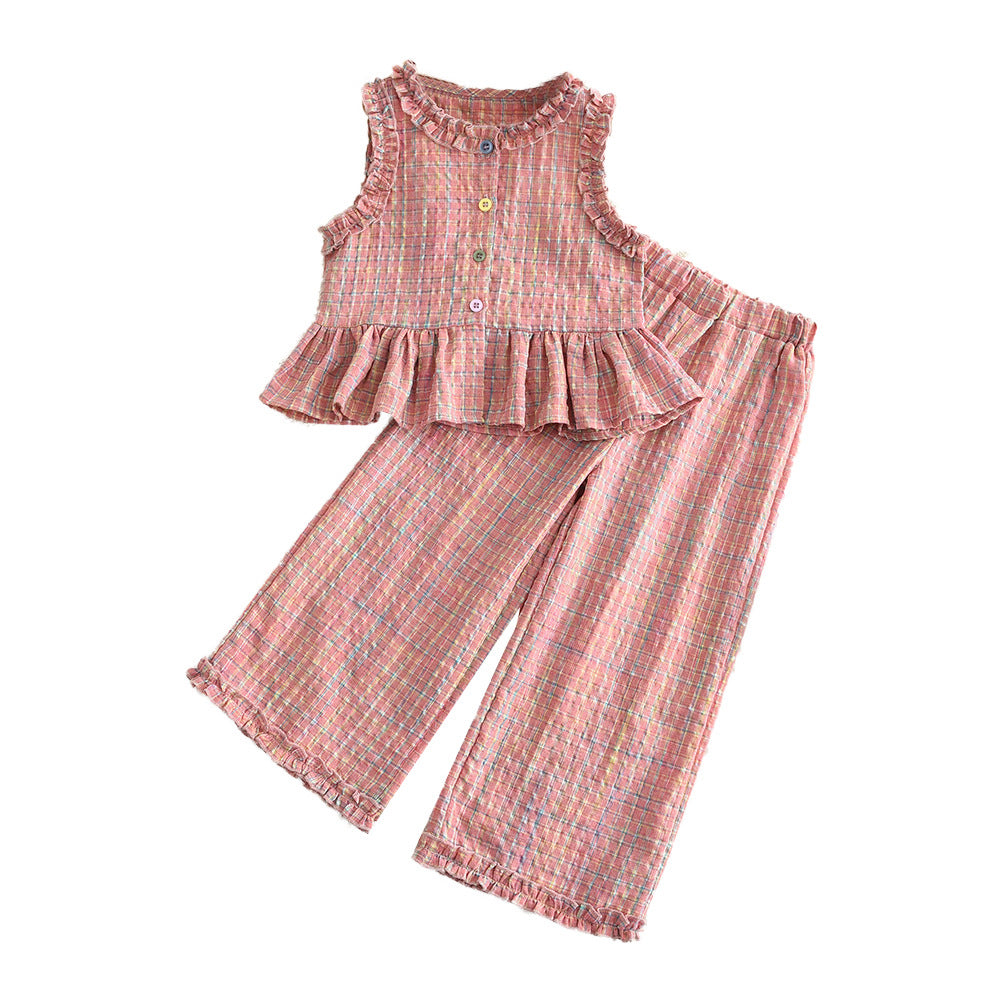 Girls' Lace Contrast Plaid Sleeveless Vest and Wide-leg Pants Set