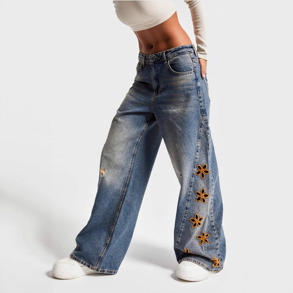 Embroidered High-Waisted Loose Denim Jeans