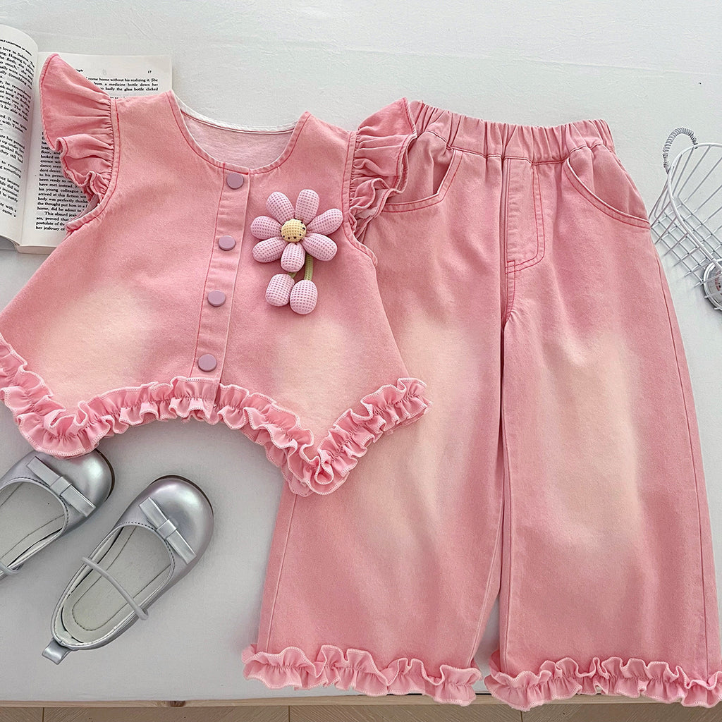 Girls' Denim Set - Flower Top Lace Pants
