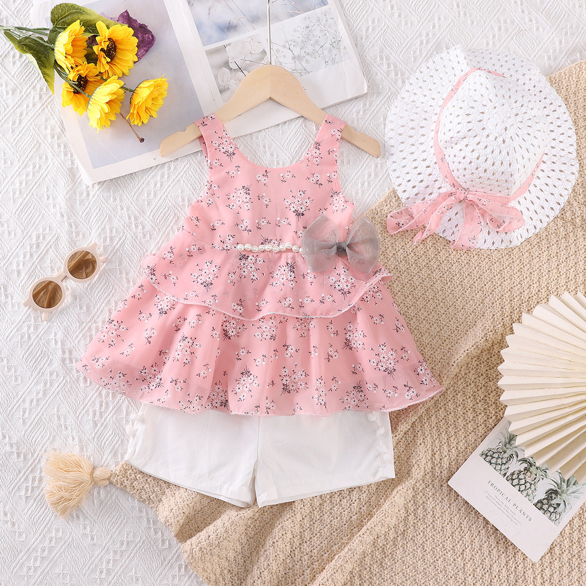 Girls' Floral Bow Pearl Chiffon Suspender Set with Hat