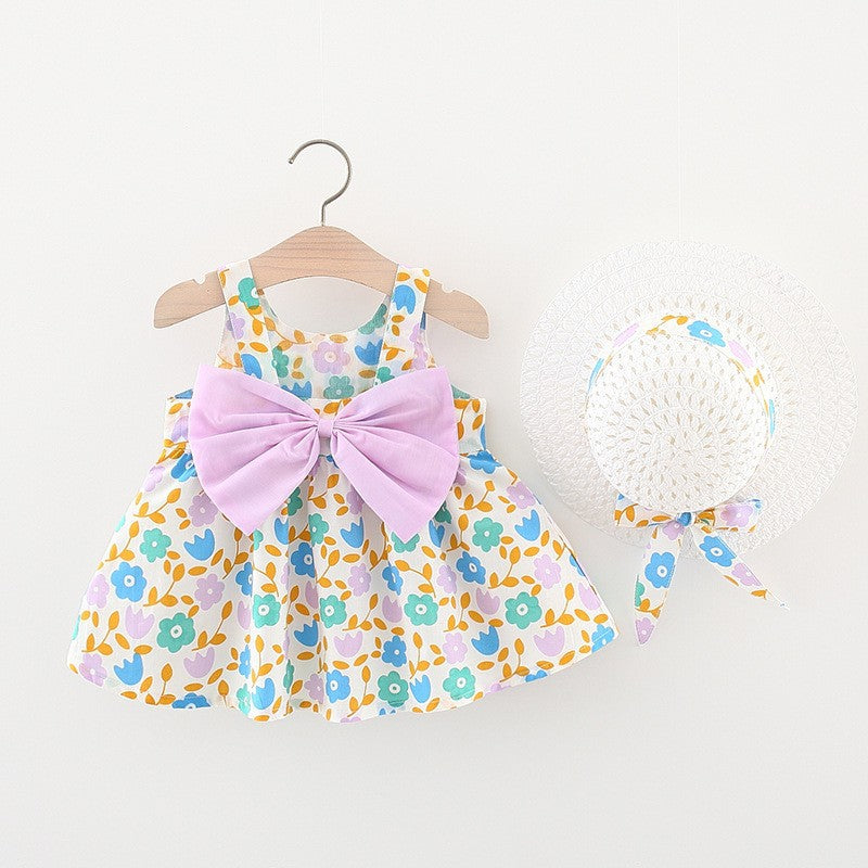 Girls' Summer Sleeveless Bow Dress with Hat