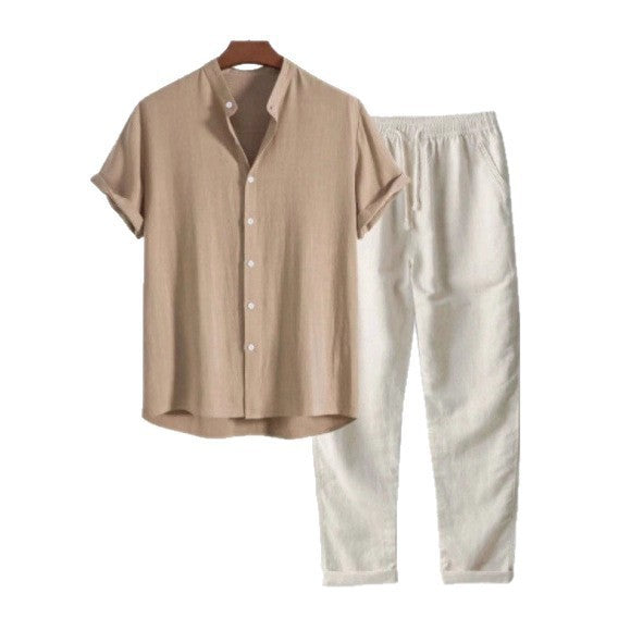 Men's Solid Color Short Sleeve Shirt and Pants Set