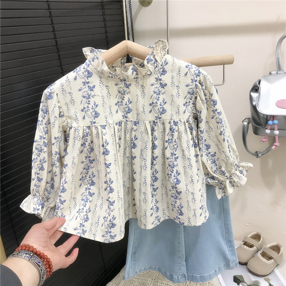 Girls' Floral Shirt and Denim Flared Pants Set