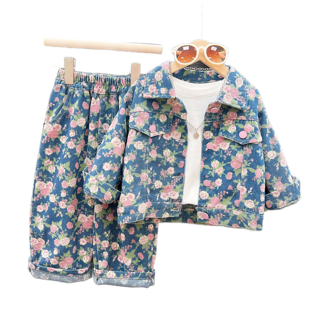 Girls' Floral Print Denim Two-Piece