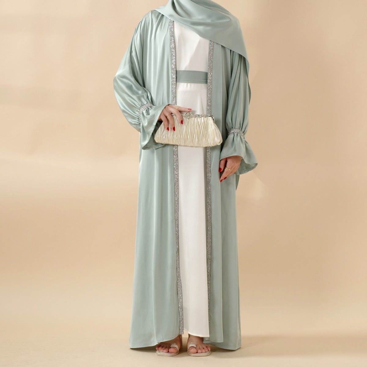Skirt cuff with diamond abaya women's robe set inner dress, matching belt, and headscarf