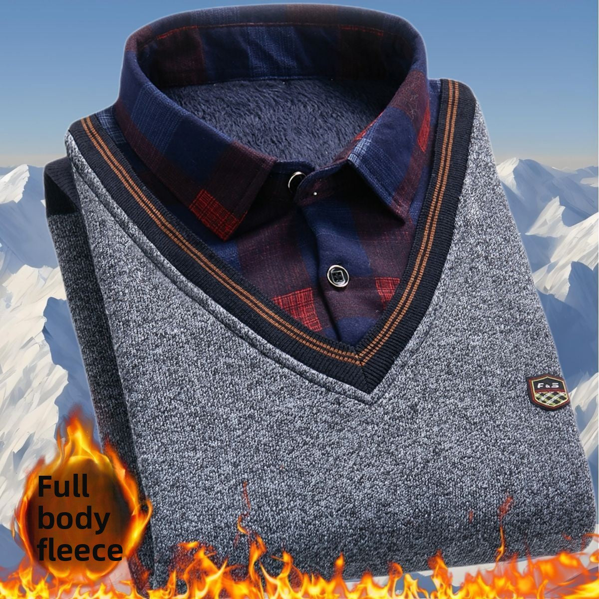 Winter fleece knitted sweater - fake two pieces