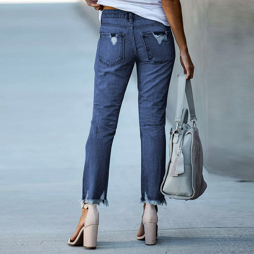 Women's Straight Ripped Denim Jeans