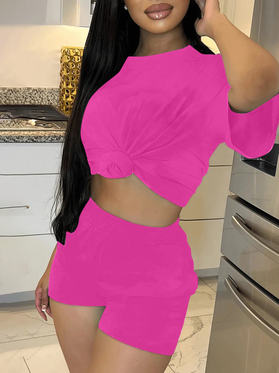 Women's Casual Solid Color T-shirt Two-Piece Set