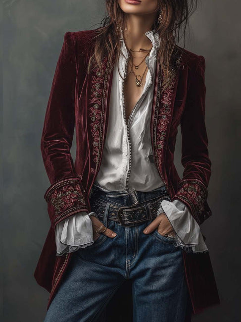 Long Sleeve Solid Color Patchwork Gold Velvet Jacket