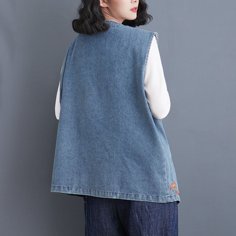 Women's Floral Embroidered Denim Vest