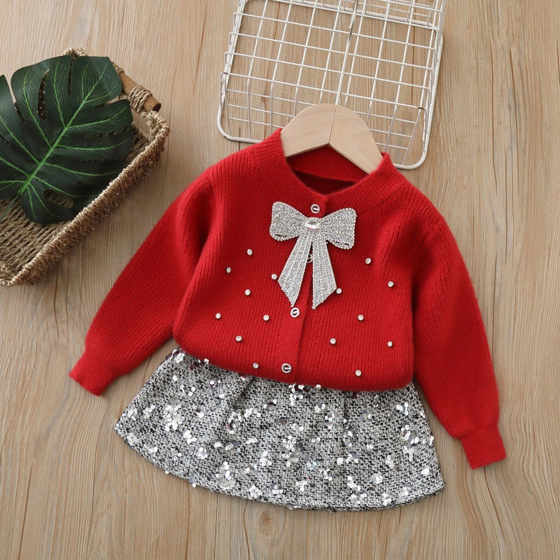 Girls' Knit Cardigan and Skirt