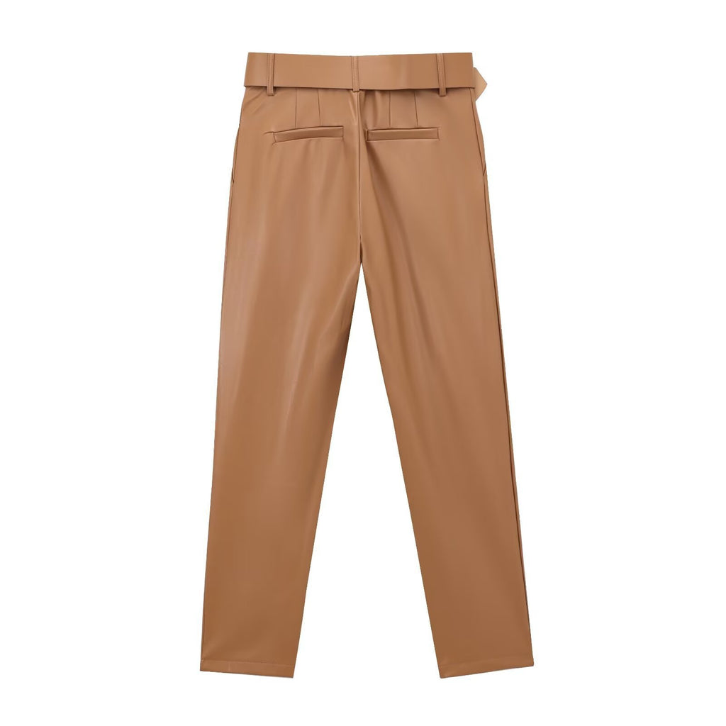 Women's High Waist Belted Leather Pants