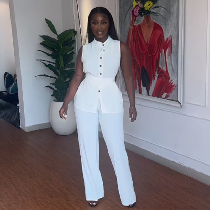 Women's Sleeveless Buttoned Top and Wide-Leg Trousers Set