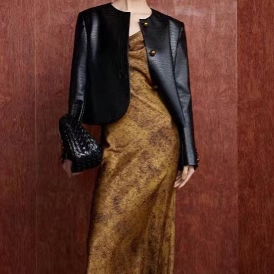 Sheepskin Crocodile Pattern Leather Jacket