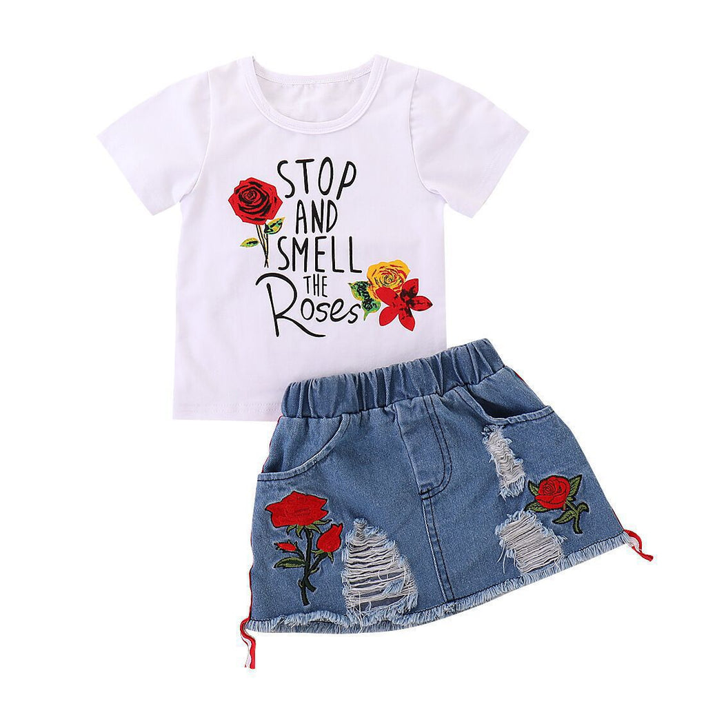 Girls' Printed T-shirt and Denim Skirt Set