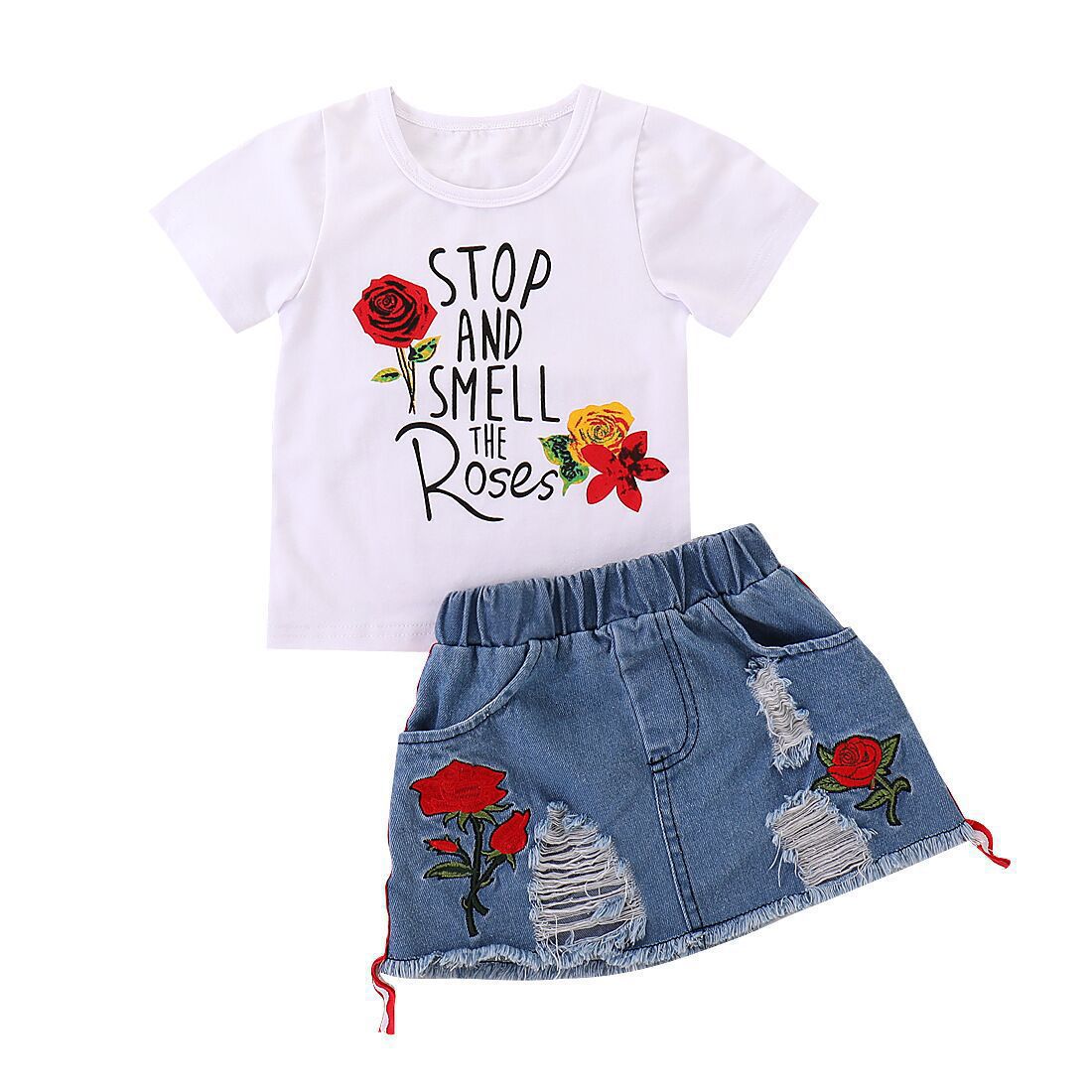 Girls' Printed T-shirt and Denim Skirt Set