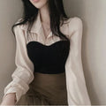 Retro-style collared color-blocked faux two-piece long-sleeved shirt