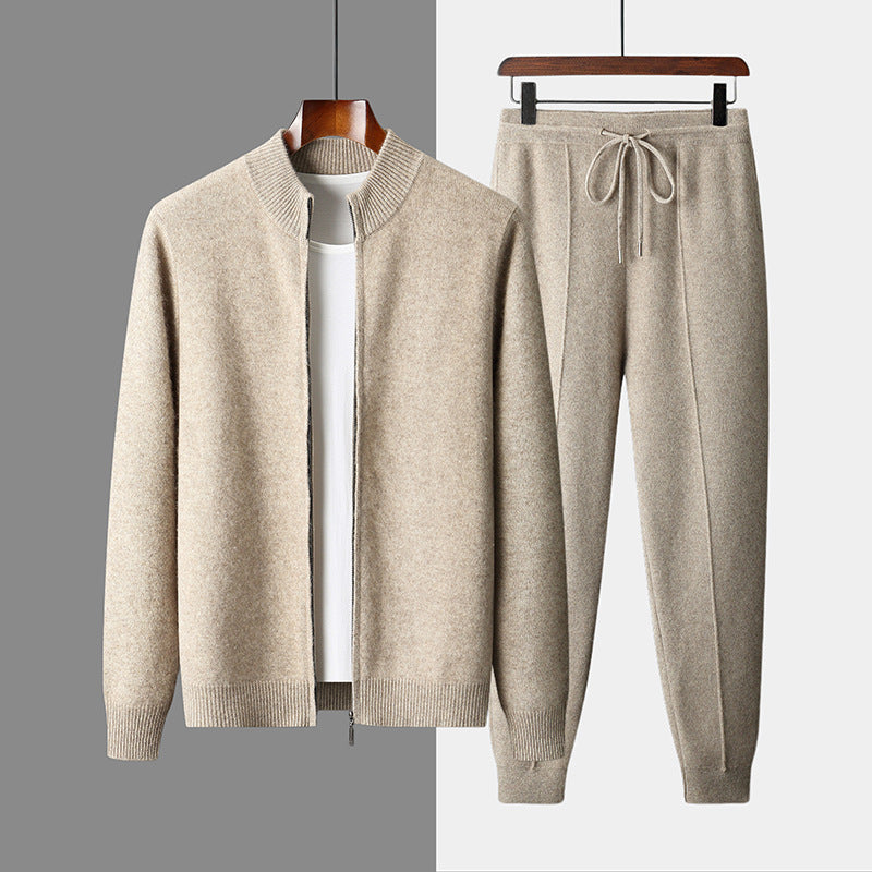 Thickened Stand-Up Collar Wool Cardigan - Two-piece suit set