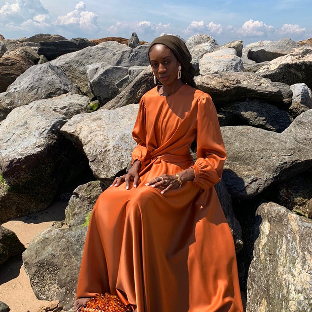 Solid-color long robe and ankle-length dress