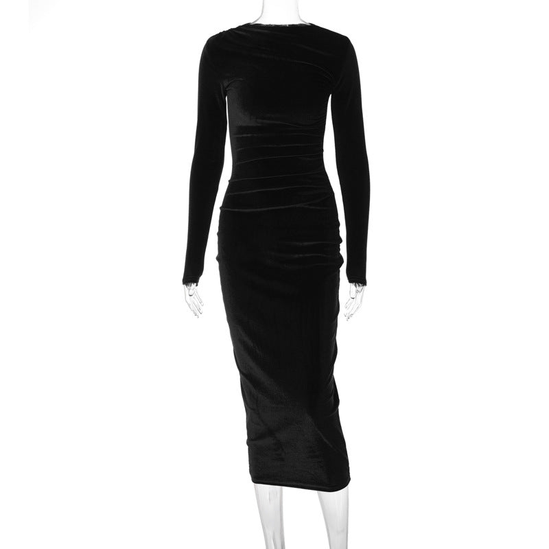 Solid-color fitted pleated round-neck long-sleeved dress