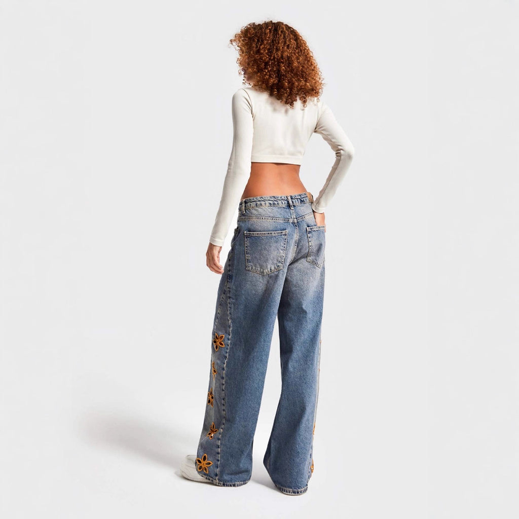 Embroidered High-Waisted Loose Denim Jeans