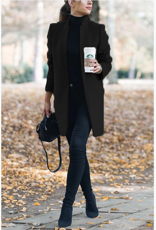 Solid color stand collar wool coat