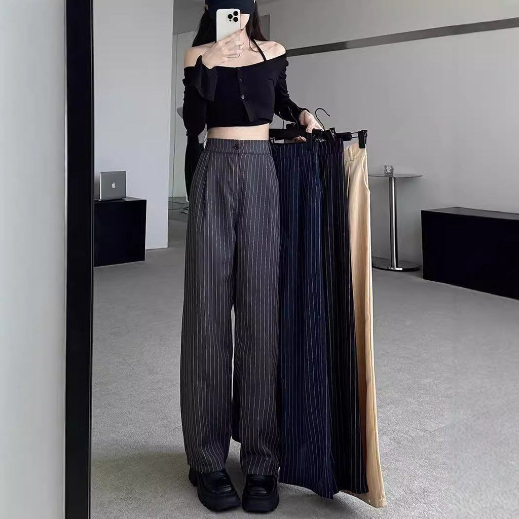 Slimming and flowing striped straight-leg suit pants