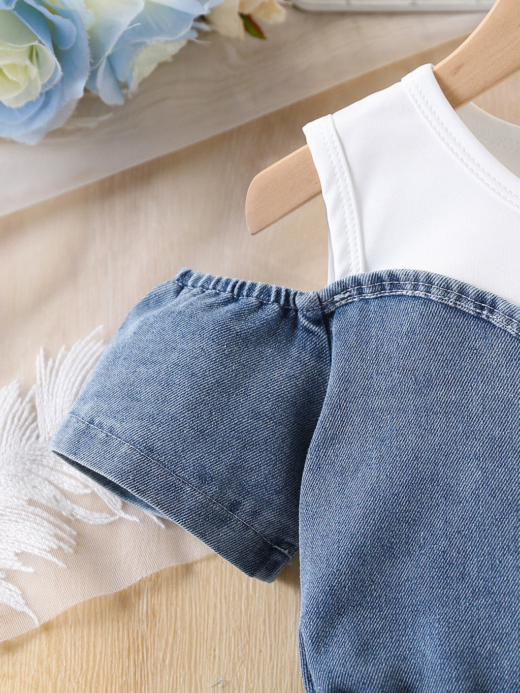 Patchwork Denim Dress with Belt Children Set