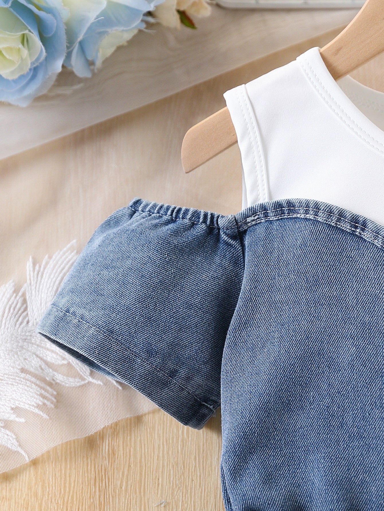 Patchwork Denim Dress with Belt Children Set