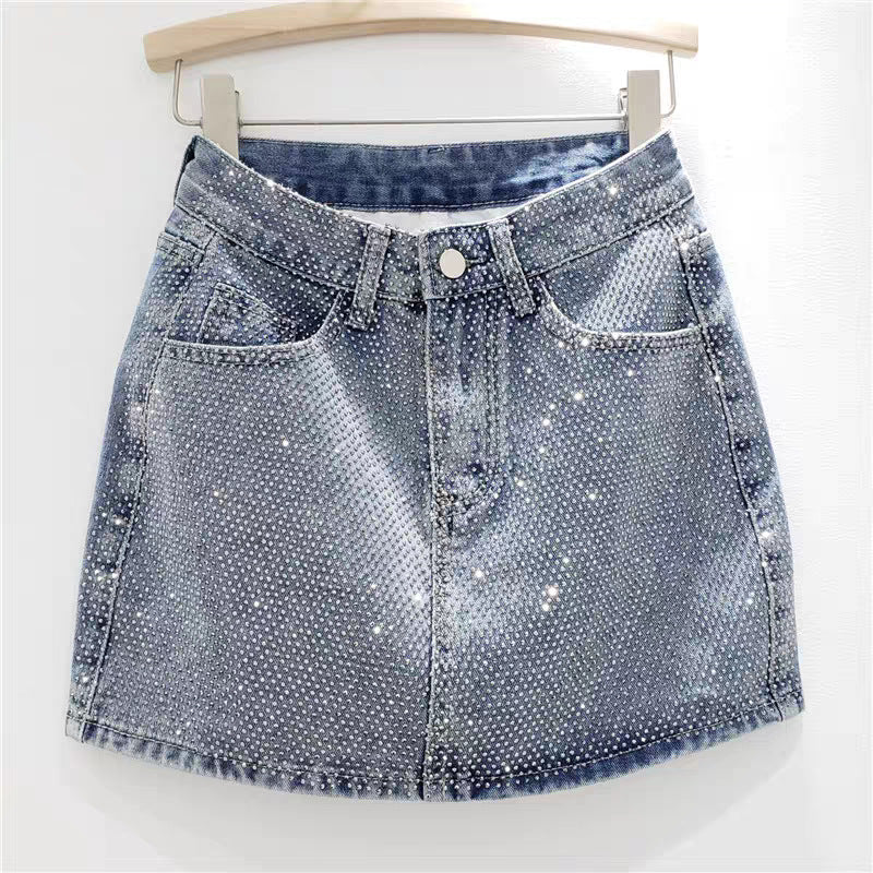 Heavyweight sequined denim half-length skirt