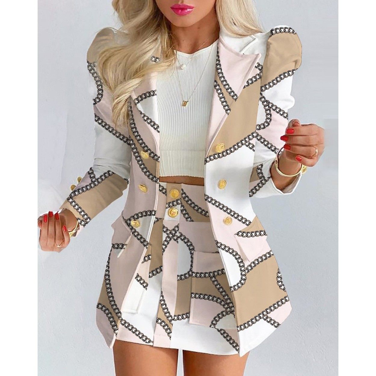 Women's suit set - Cardigan top with short skirt