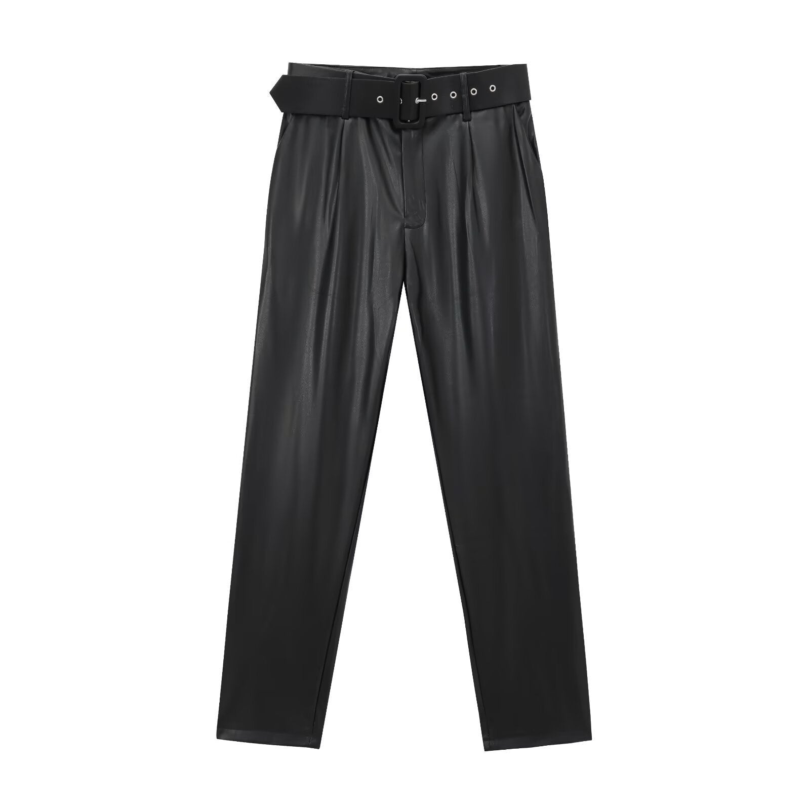 Women's High Waist Belted Leather Pants