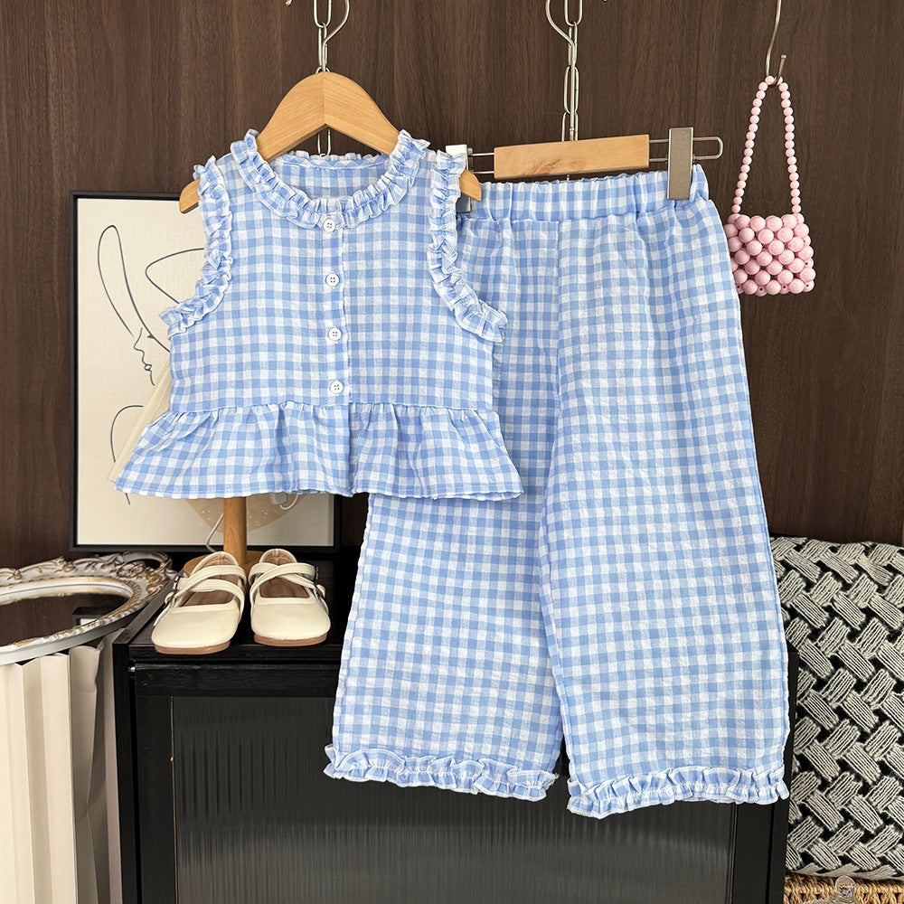Girls' Lace Contrast Plaid Sleeveless Vest and Wide-leg Pants Set