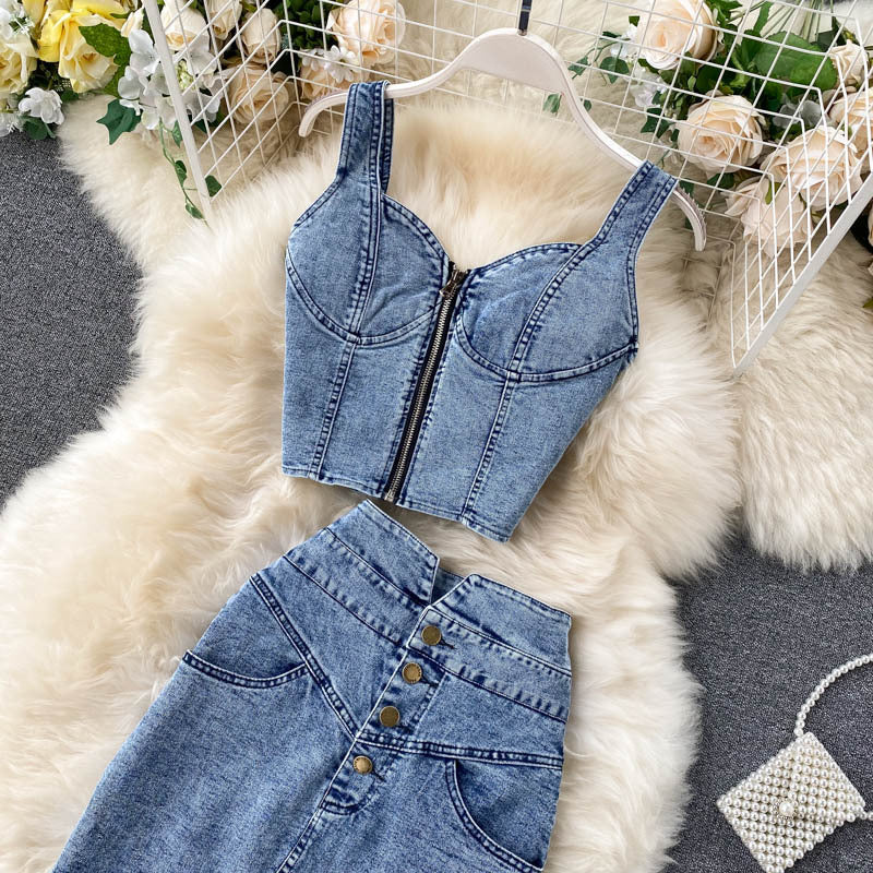 Women's Denim Camisole and High Waist Skirt Set