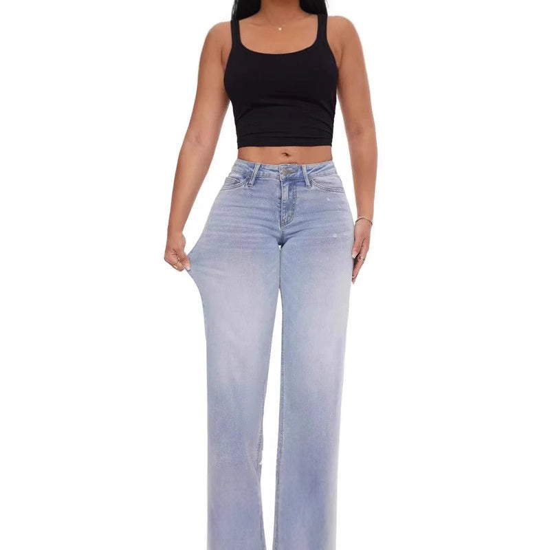 Women's Washed Loose Micro-Flared Mid-Rise Jeans