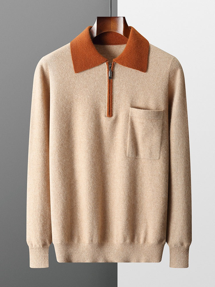 Men's Cashmere Knit Sweater Lapel Collar Long Sleeve