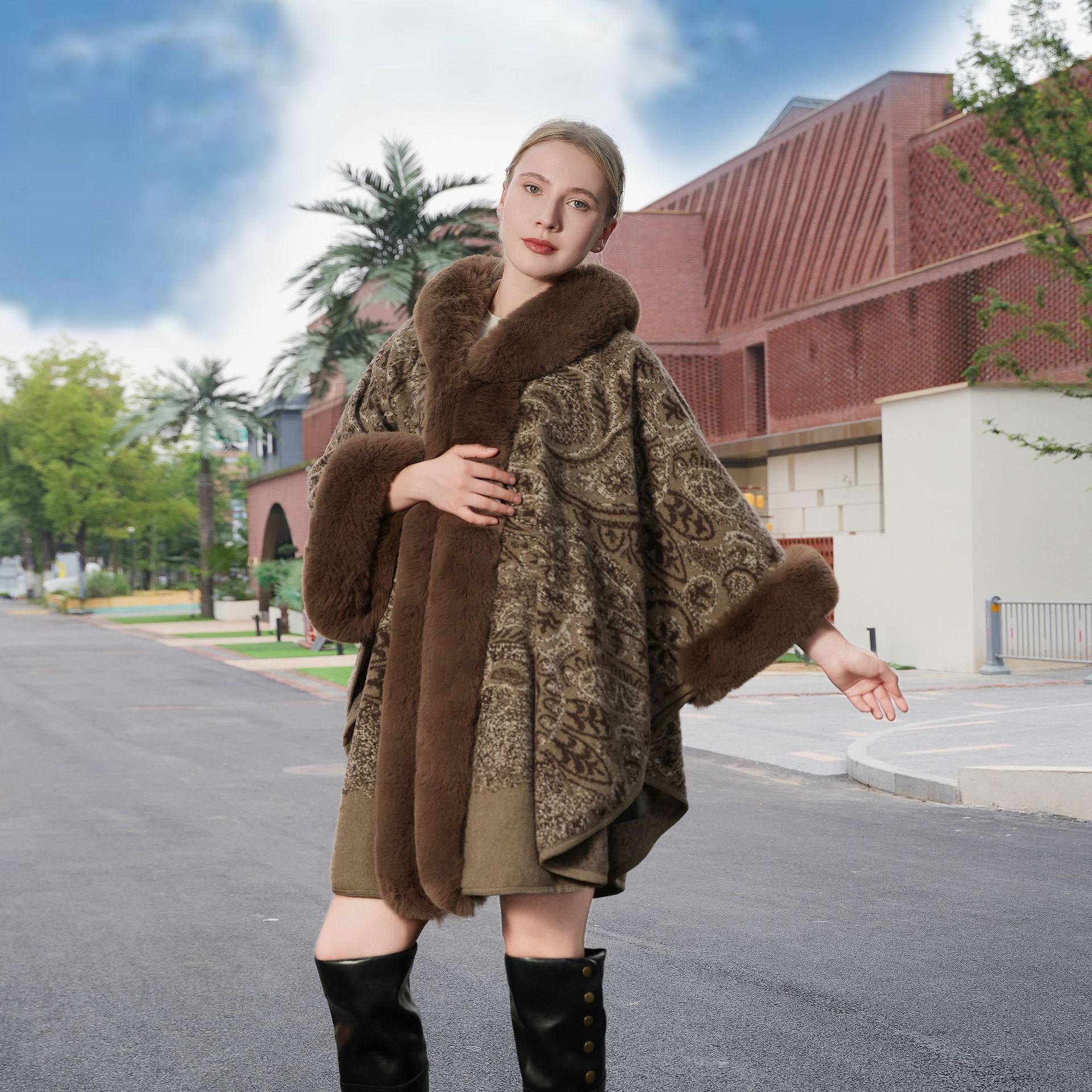Knitted Printed Women's Cape Coat